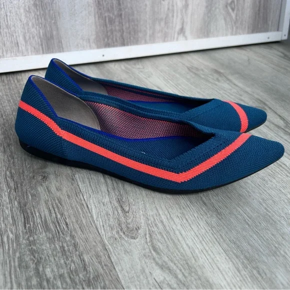 Rothys The Point Flats Shoes Womens 6.5 Teal Blue & Orange Stripe CLEAN washable - Picture 2 of 7